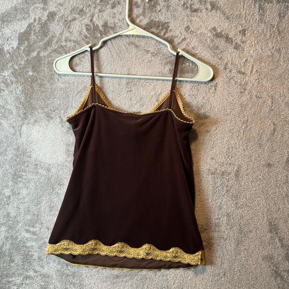 Y2K Velvet Brown Lace Trim Tank Top With Bow Women's Size Small Baby Doll Tank - Picture 2 of 6